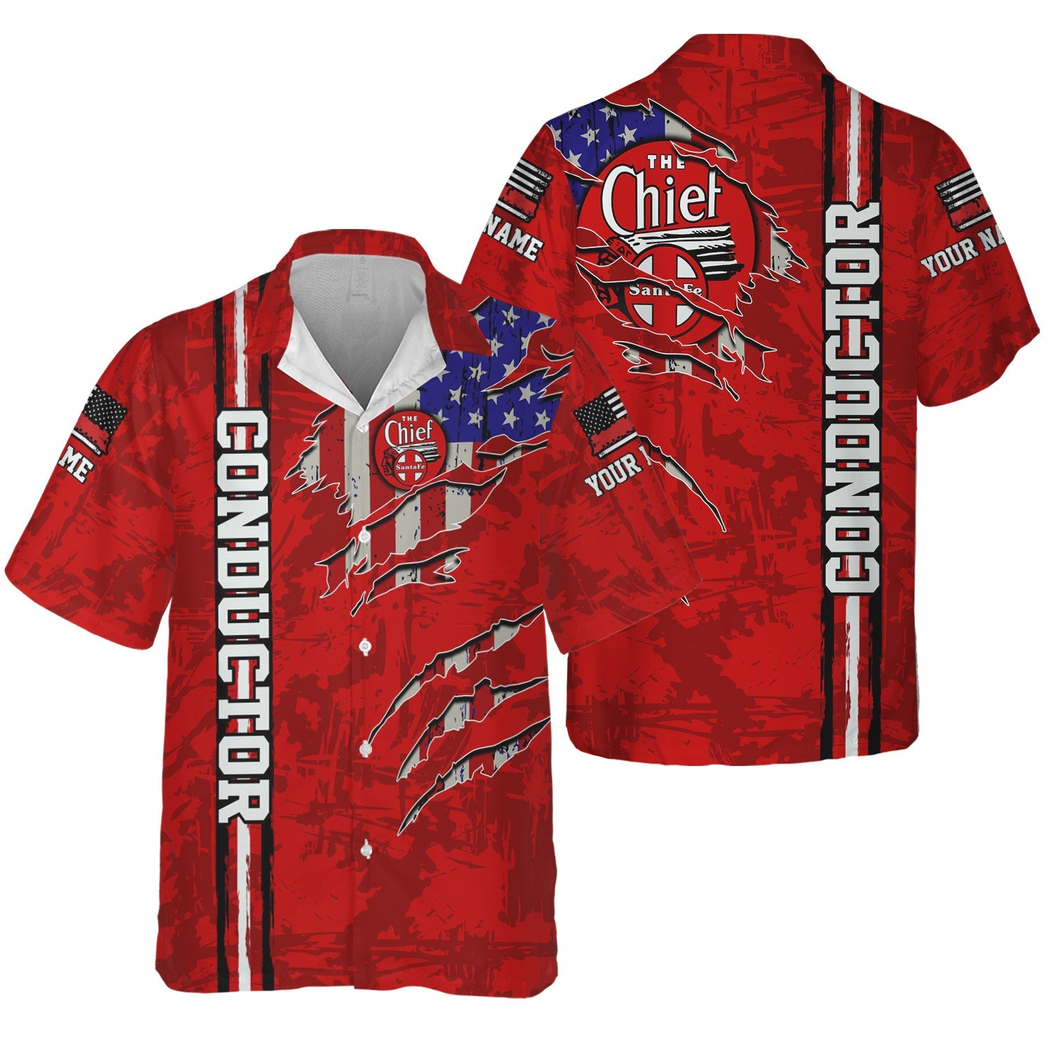 Railspirit Personalized The Chief Santa Fe Railroad Hawaiian Shirt USA Flag Claw Art with Custom Job Train Shirt