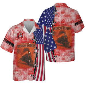 Railspirit Personalized The Chief Santa Fe Railroad Hawaiian Shirt Retro American Express Train With USA Flag Shirt
