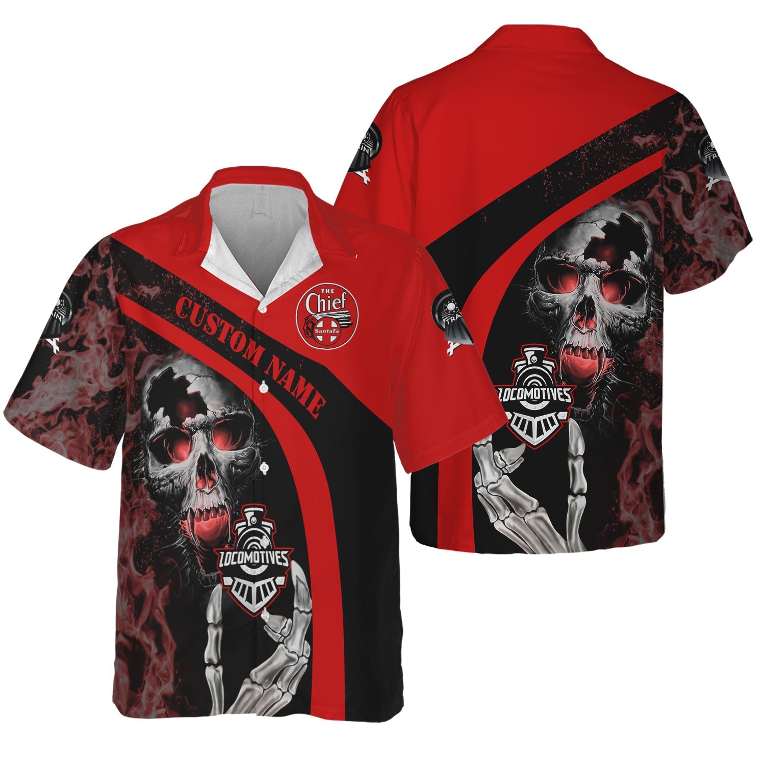 Railspirit Personalized The Chief Santa Fe Railroad Hawaiian Shirt Flame Skull Design Train Shirt for Locomotive Fans