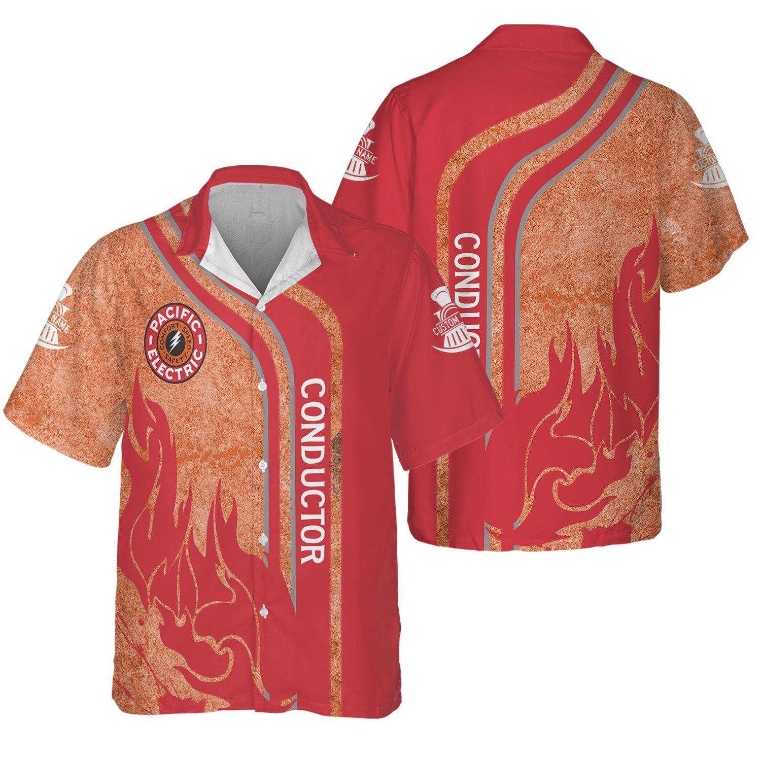 Railspirit Personalized Pacific Electric Railroad Hawaiian Shirt Flame Design with Custom Job Position Train Shirt