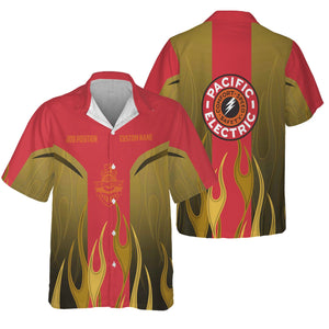 Railspirit Custom Name and Job Title Pacific Electric Railroad Hawaiian Shirt Flame Graphic Train Shirt For Rail Workers