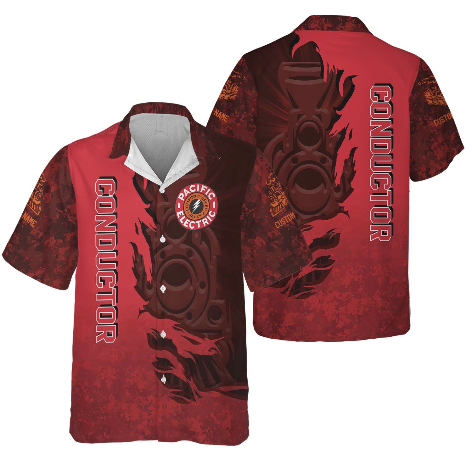 Railspirit Personalized Pacific Electric Railroad Hawaiian Shirt Blazing Style with Custom Position Train Shirt