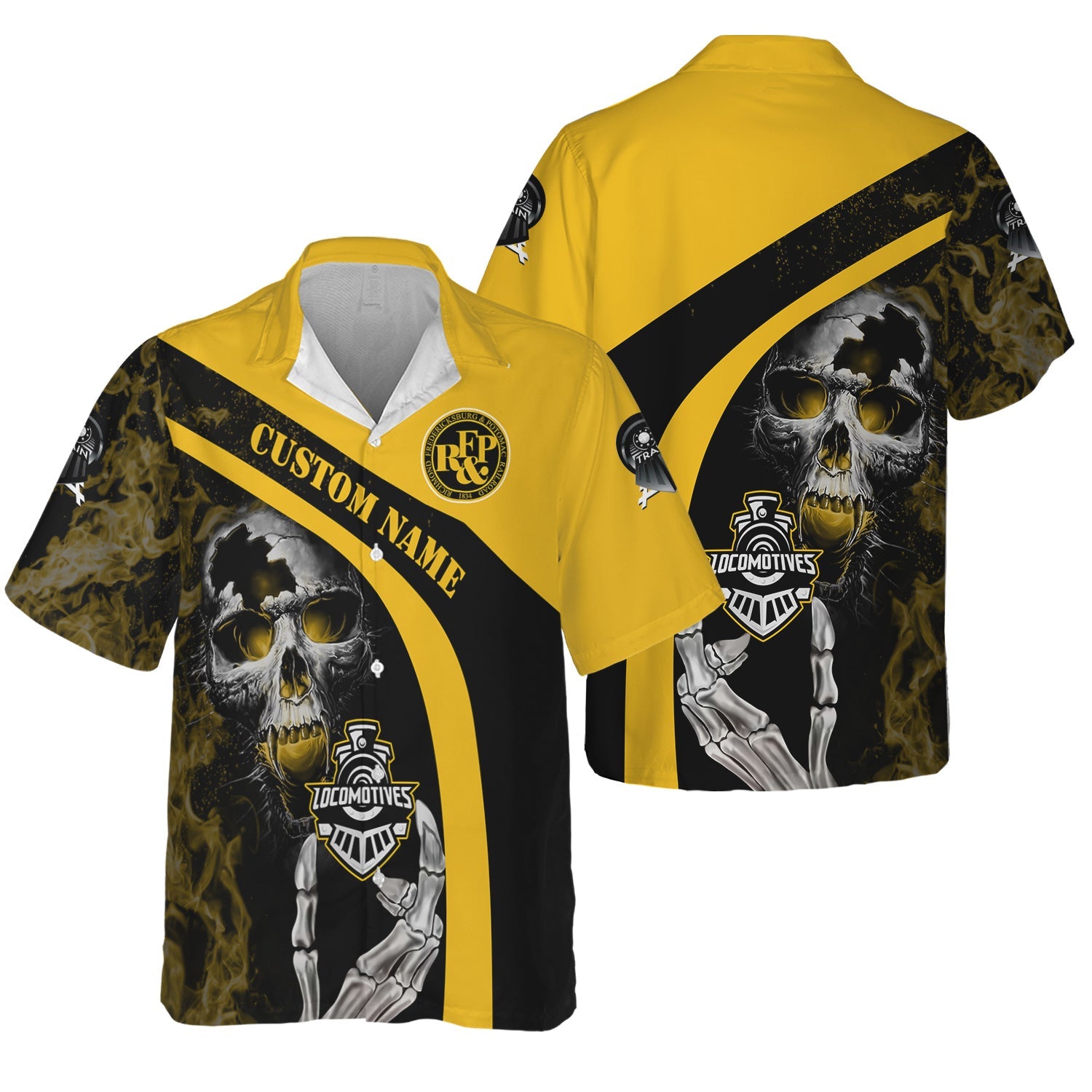 Railspirit Personalized Richmond, Fredericksburg And Potomac Railroad Hawaiian Shirt Flame Skull Design Train Shirt for Locomotive Fans
