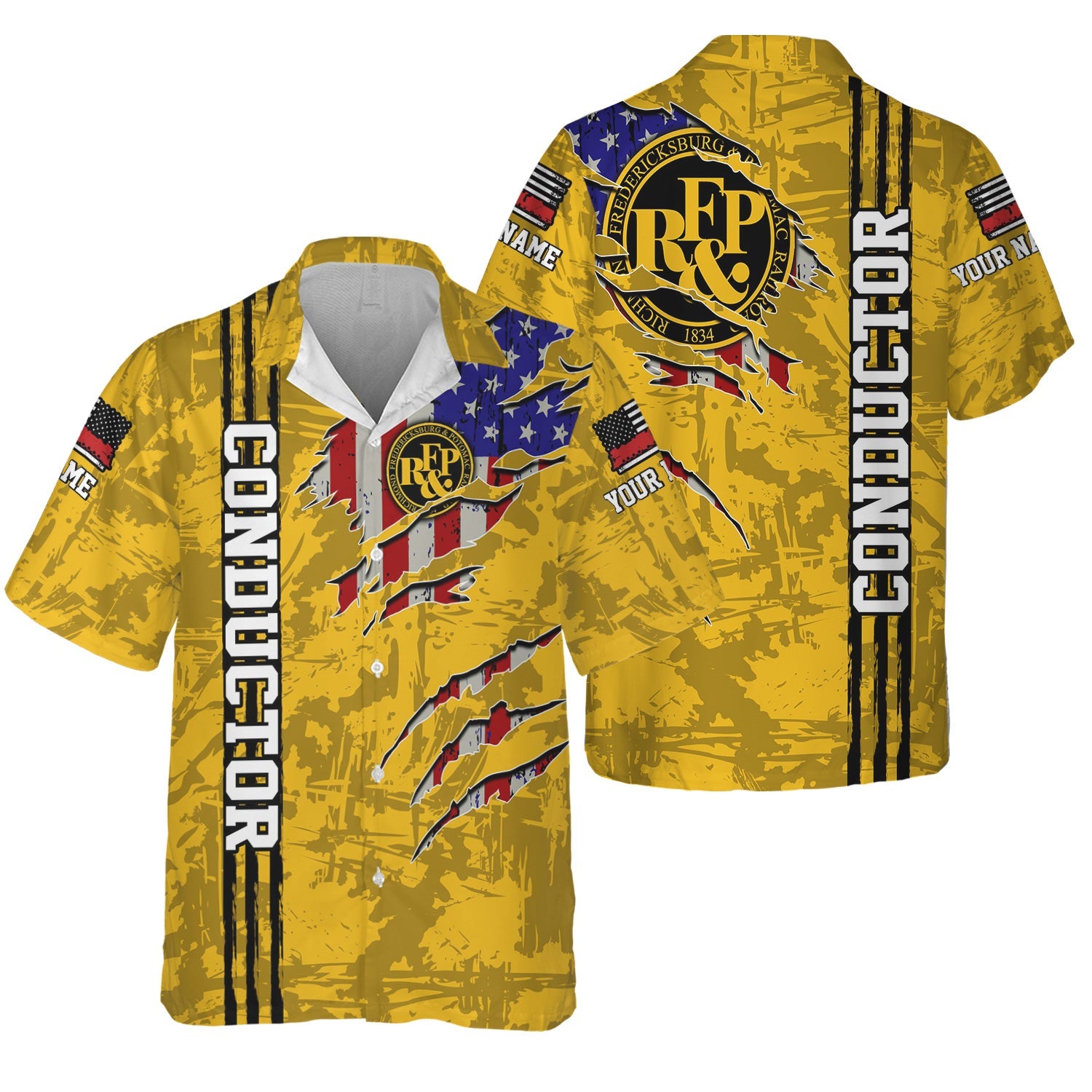 Railspirit Personalized Richmond, Fredericksburg And Potomac Railroad Hawaiian Shirt USA Flag Claw Art with Custom Job Train Shirt