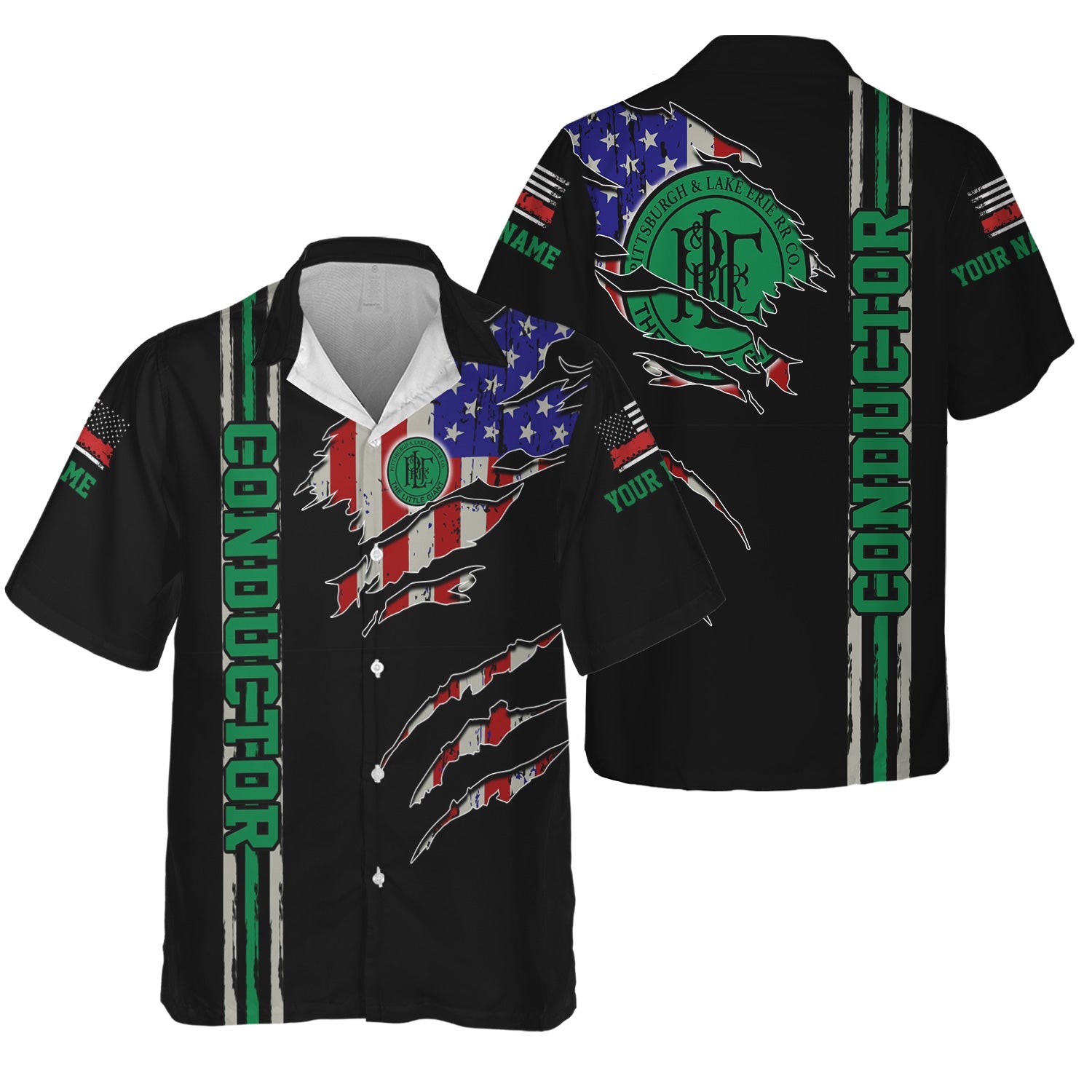 Railspirit Personalized Pittsburgh And Lake Erie Railroad Hawaiian Shirt USA Flag Claw Art with Custom Job Train Shirt