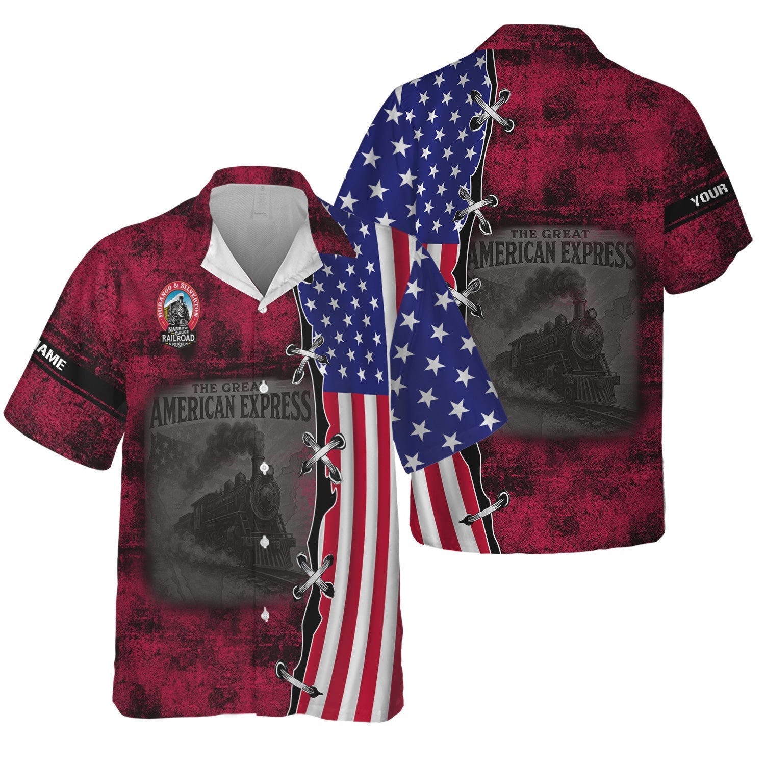 Railspirit Personalized Durango And Silverton Narrow Gauge Railroad Hawaiian Shirt Retro American Express Train With USA Flag Shirt