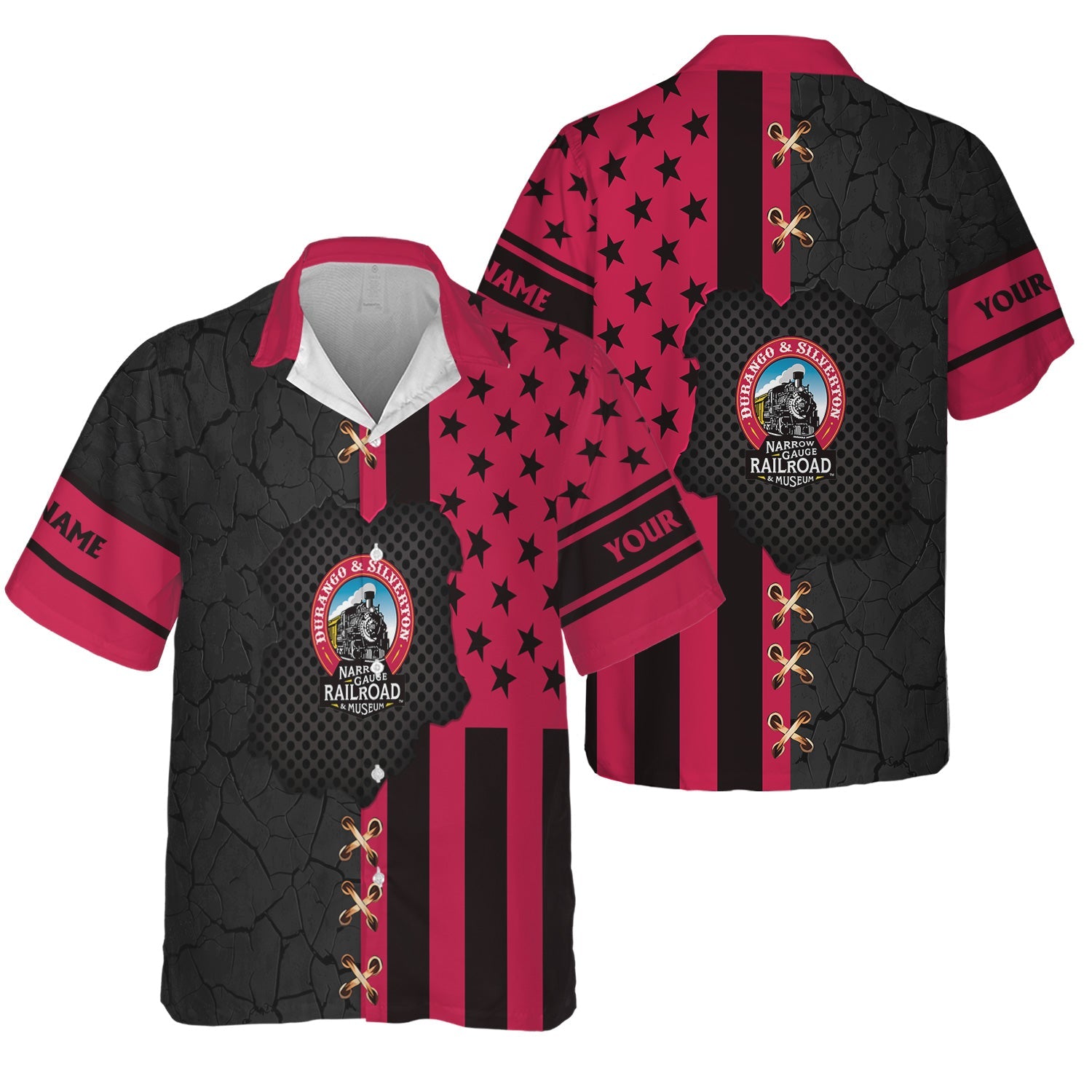 Railspirit Personalized Durango And Silverton Narrow Gauge Railroad Hawaiian Shirt American Flag with Crack Effect Train Shirt