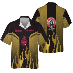 Railspirit Custom Name and Job Title Durango And Silverton Narrow Gauge Railroad Hawaiian Shirt Flame Graphic Train Shirt For Rail Workers