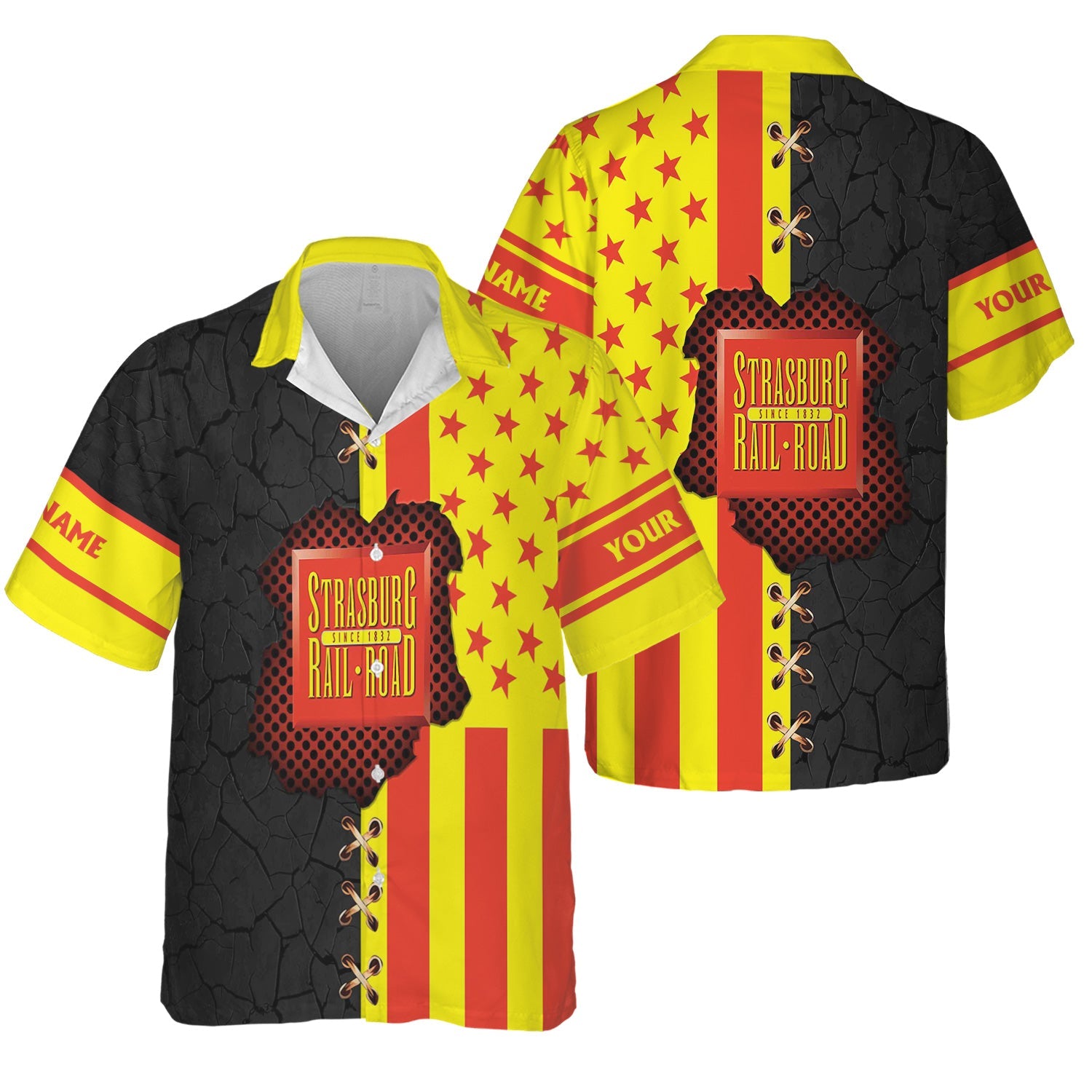 Railspirit Personalized Strasburg Railroad Hawaiian Shirt American Flag with Crack Effect Train Shirt