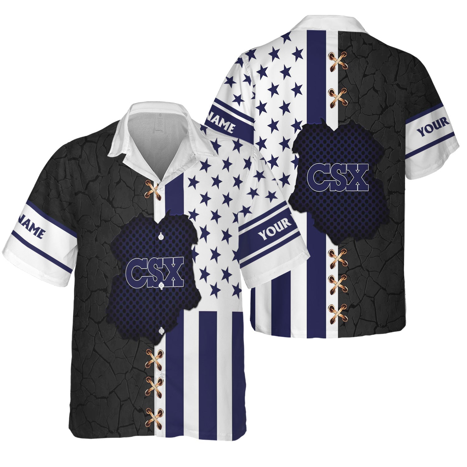 Railspirit Personalized CSX Transportation Railroad Hawaiian Shirt American Flag with Crack Effect Train Shirt