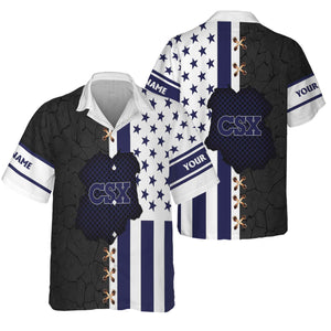 Railspirit Personalized CSX Transportation Railroad Hawaiian Shirt American Flag with Crack Effect Train Shirt