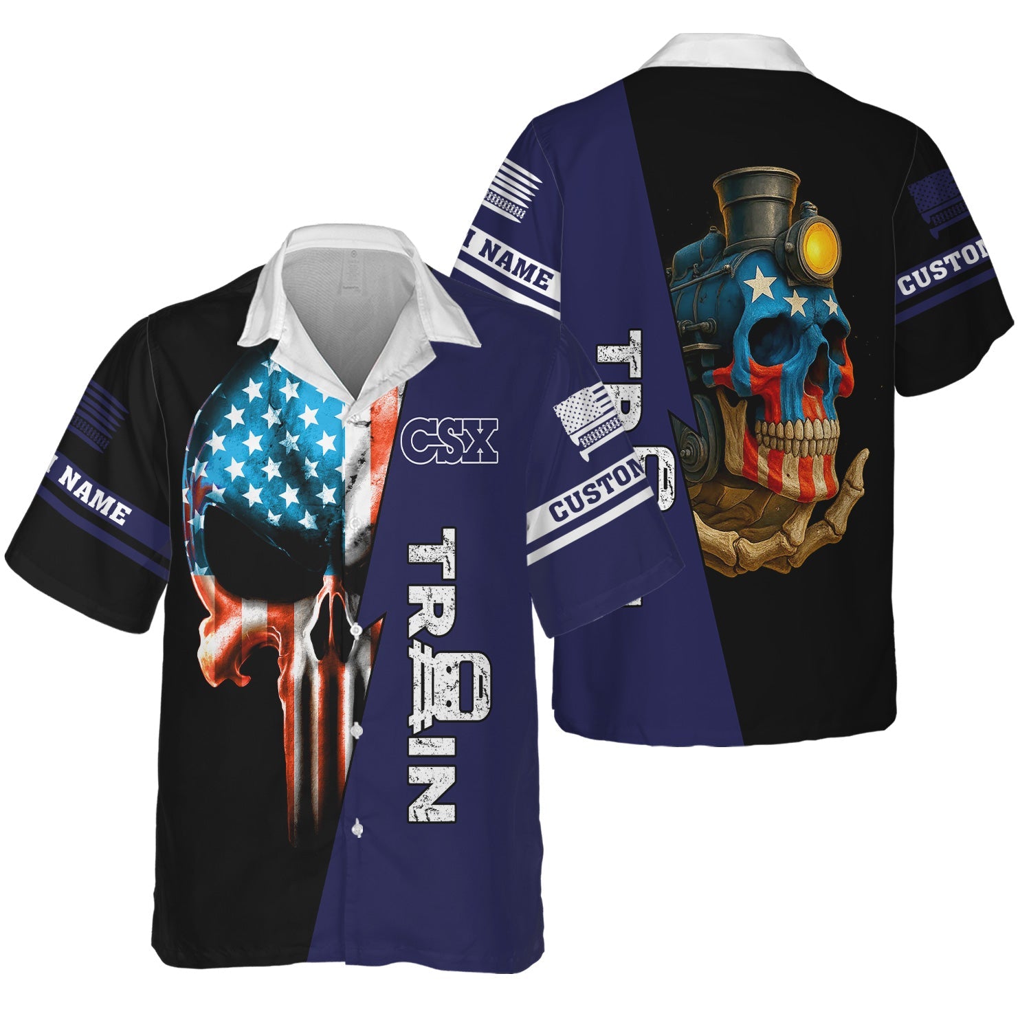 Railspirit Personalized CSX Transportation Railroad Hawaiian Shirt Train Skull American Flag Shirt All Over Print