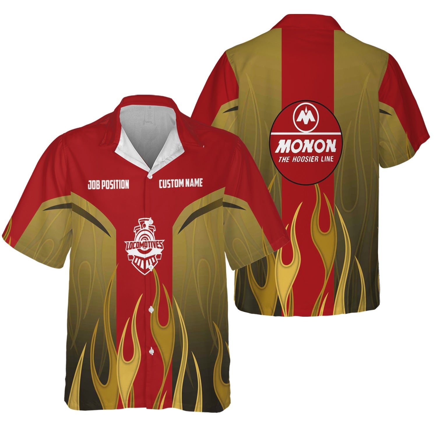 Railspirit Custom Name and Job Title Monon Railroad Hawaiian Shirt Flame Graphic Train Shirt For Rail Workers