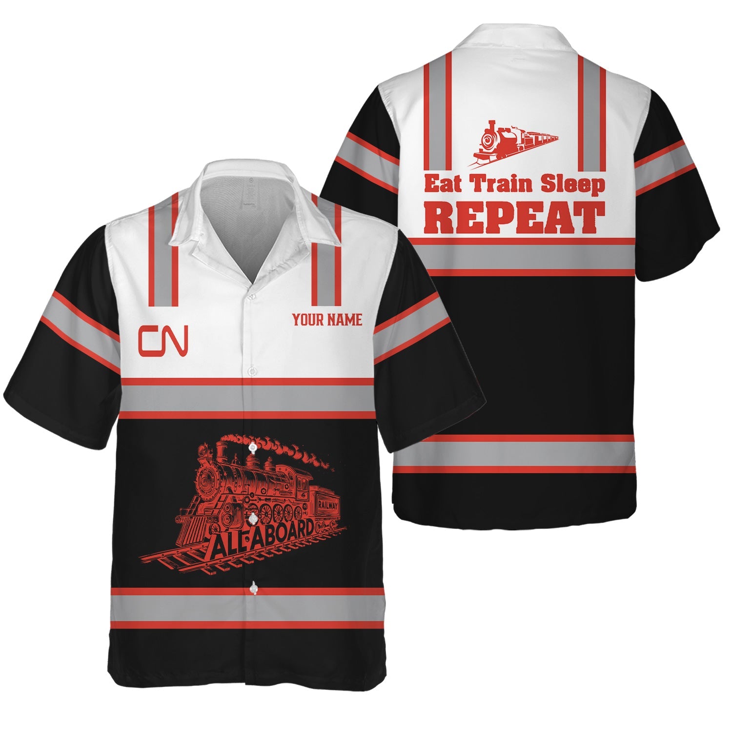 Railspirit Custom Name Canadian National Railroad Hawaiian Shirt Eat Train Sleep Repeat Printed Train Shirt