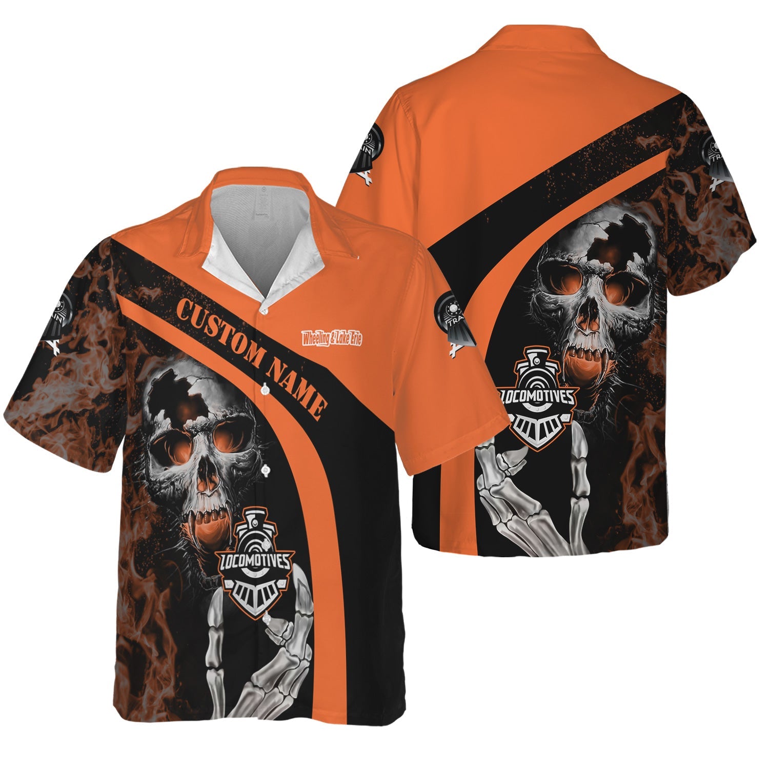 Railspirit Personalized Wheeling And Lake Erie Railroad Hawaiian Shirt Flame Skull Design Train Shirt for Locomotive Fans