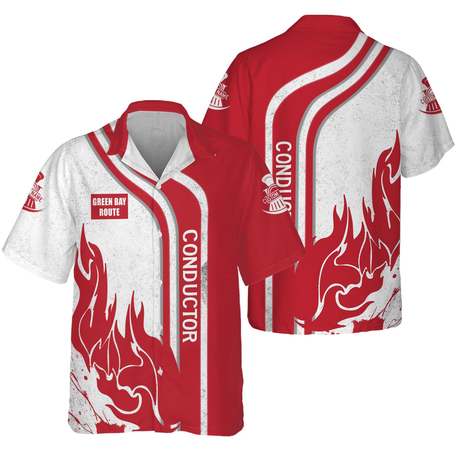 Railspirit Personalized Green Bay & Western Railroad Hawaiian Shirt Flame Design with Custom Job Position Train Shirt