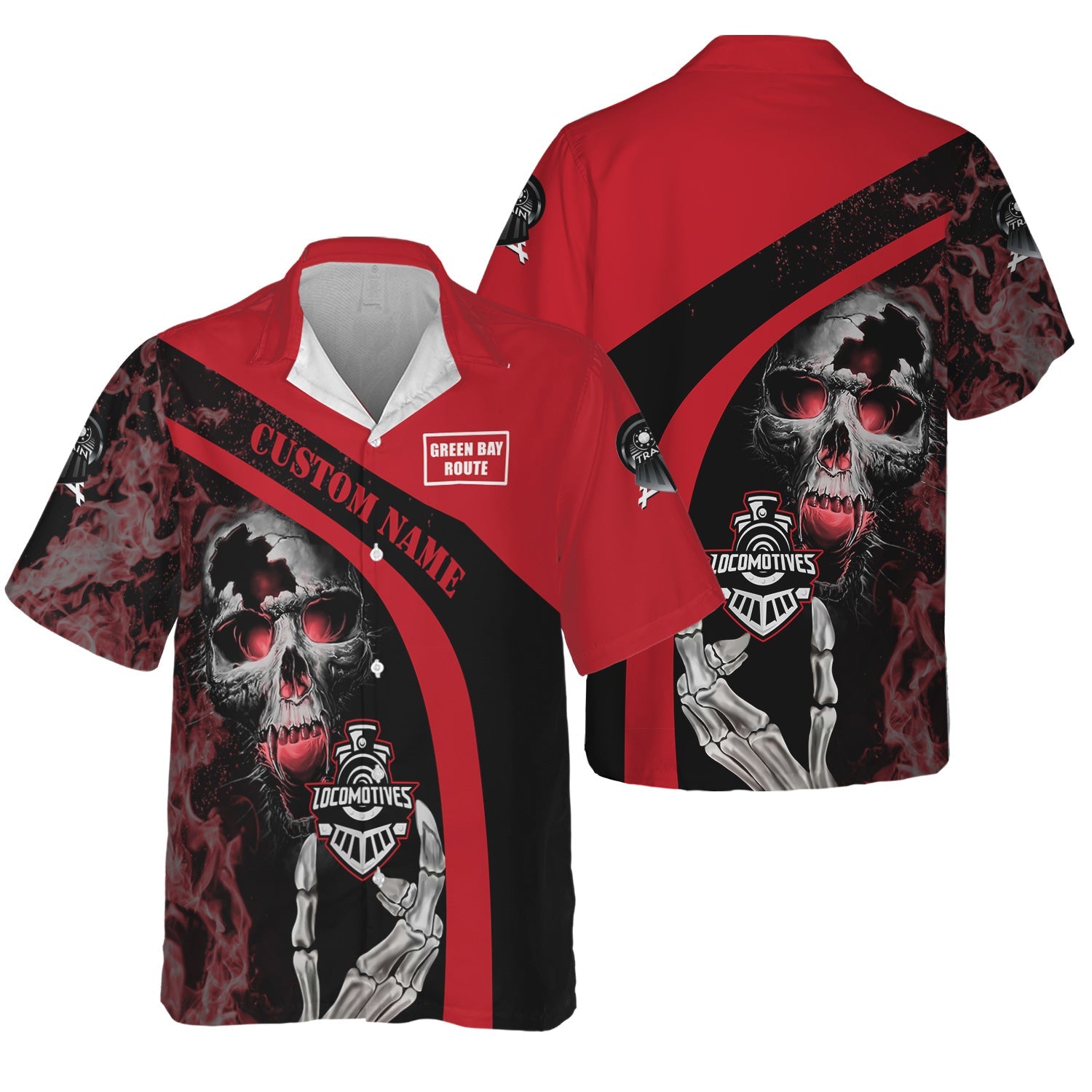 Railspirit Personalized Green Bay & Western Railroad Hawaiian Shirt Flame Skull Design Train Shirt for Locomotive Fans