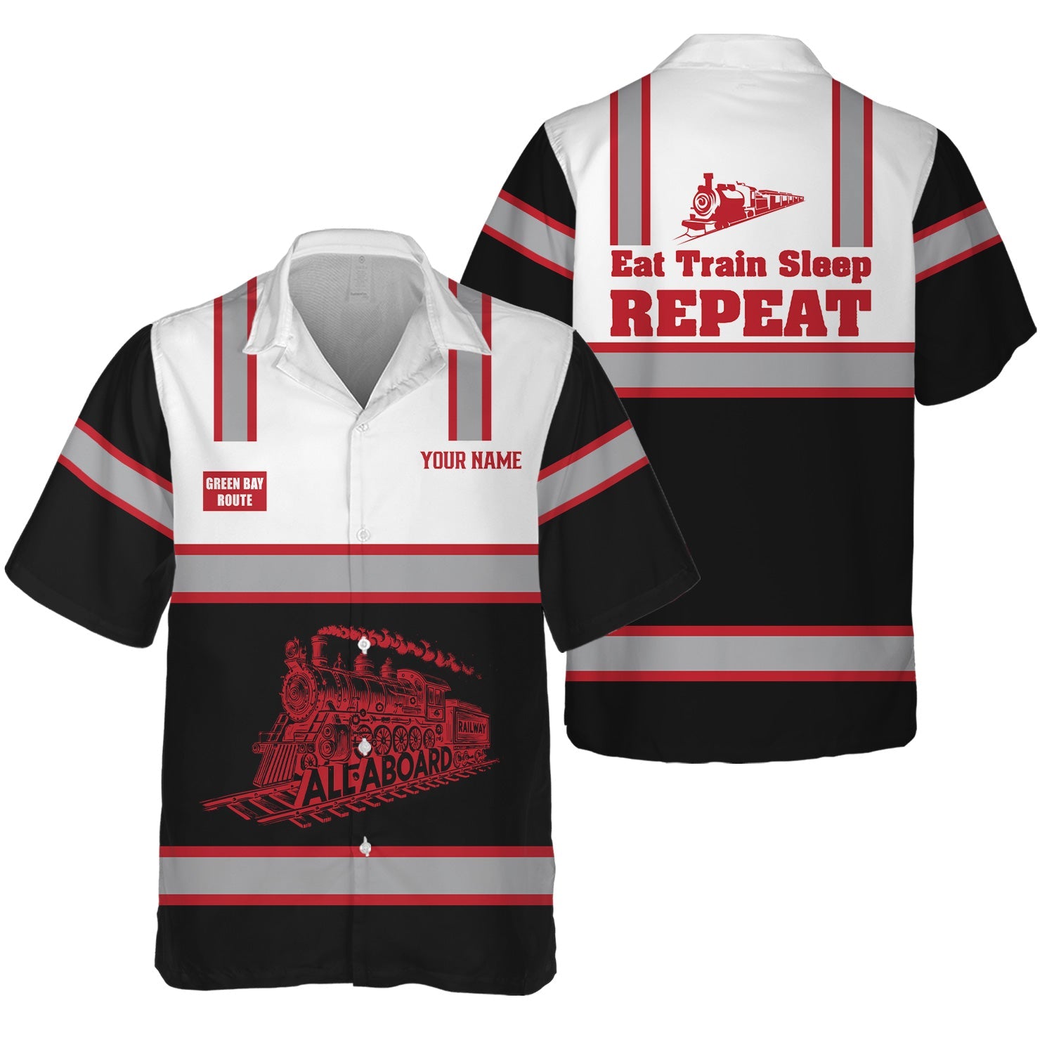 Railspirit Custom Name Green Bay & Western Railroad Hawaiian Shirt Eat Train Sleep Repeat Printed Train Shirt