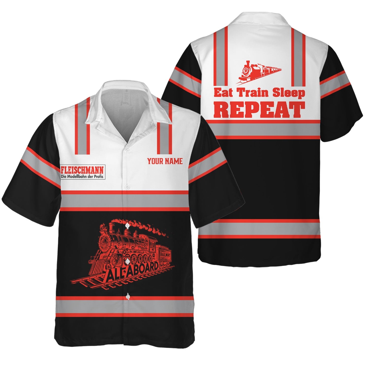 Railspirit Custom Name Fleischmann And Western Railroad Hawaiian Shirt Eat Train Sleep Repeat Printed Train Shirt