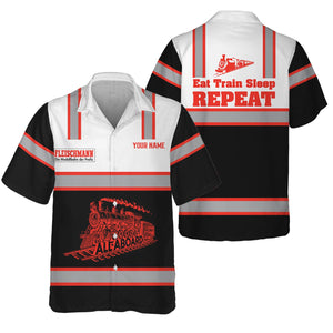 Railspirit Custom Name Fleischmann And Western Railroad Hawaiian Shirt Eat Train Sleep Repeat Printed Train Shirt