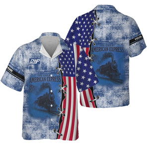 Railspirit Personalized Duluth, Winnipeg and Pacific Railway Hawaiian Shirt Retro American Express Train With USA Flag Shirt
