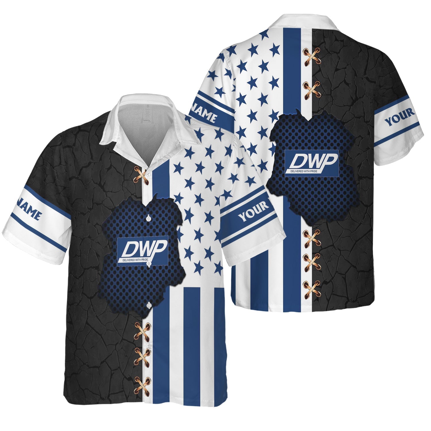 Railspirit Personalized Duluth, Winnipeg and Pacific Railway Hawaiian Shirt American Flag with Crack Effect Train Shirt