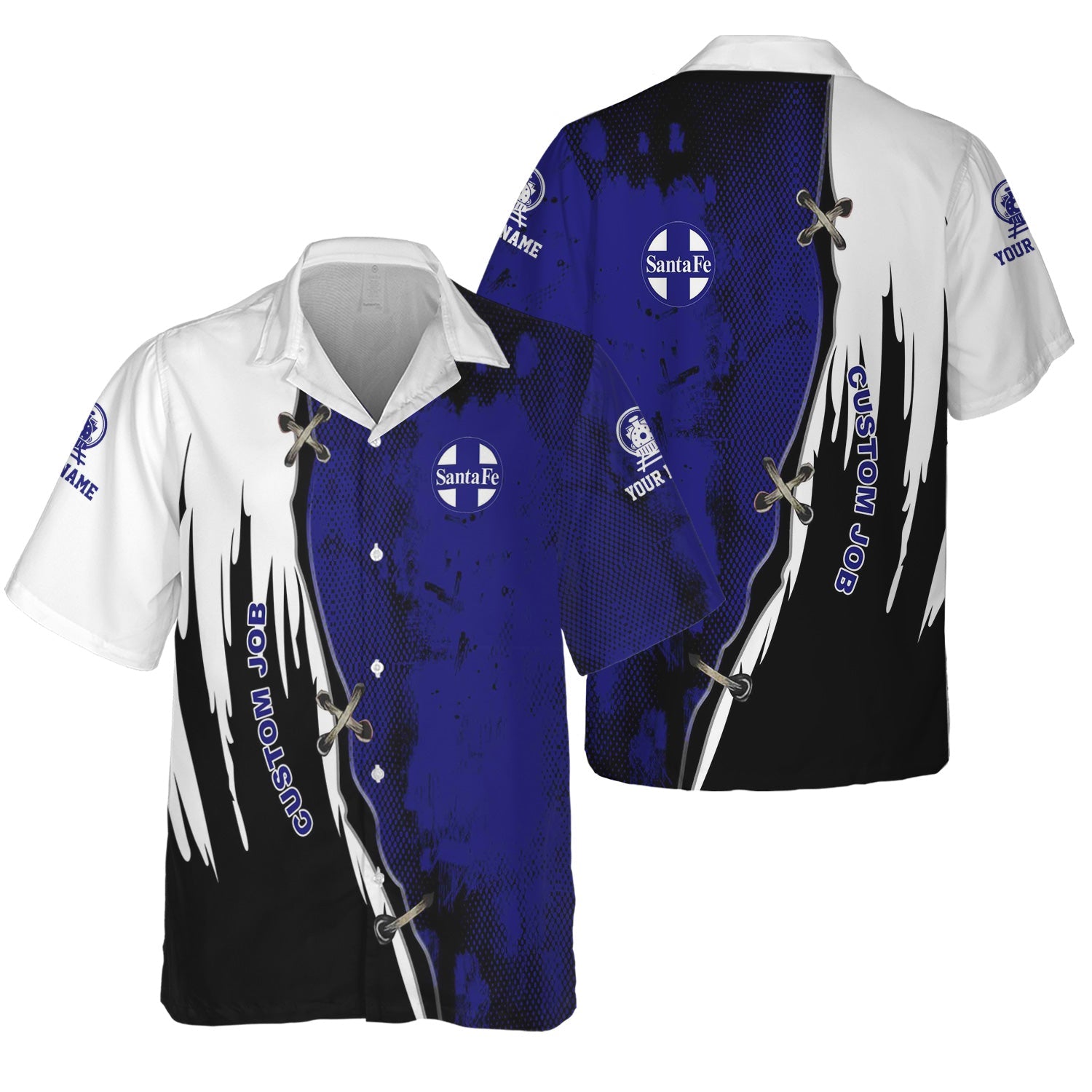 Railspirit Personalized Santa Fe ATSF Railway Hawaiian Shirt Retro Stitches Design with Custom Position Atchison, Topeka and Santa Fe Train Shirt