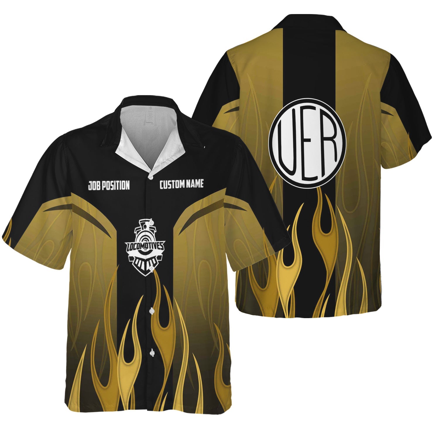 Railspirit Custom Name and Job Title Union Electric Railway Hawaiian Shirt Flame Graphic Train Shirt For Rail Workers