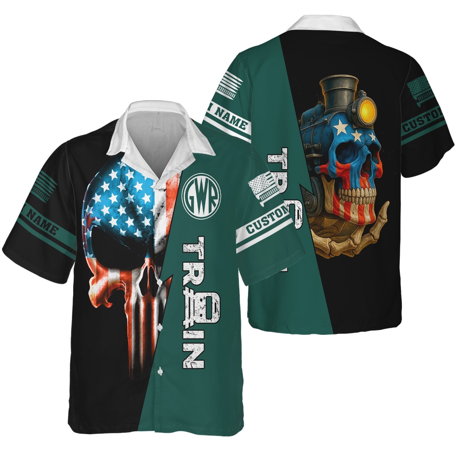 Railspirit Personalized Great Western Railway Hawaiian Shirt Train Skull American Flag Shirt All Over Print