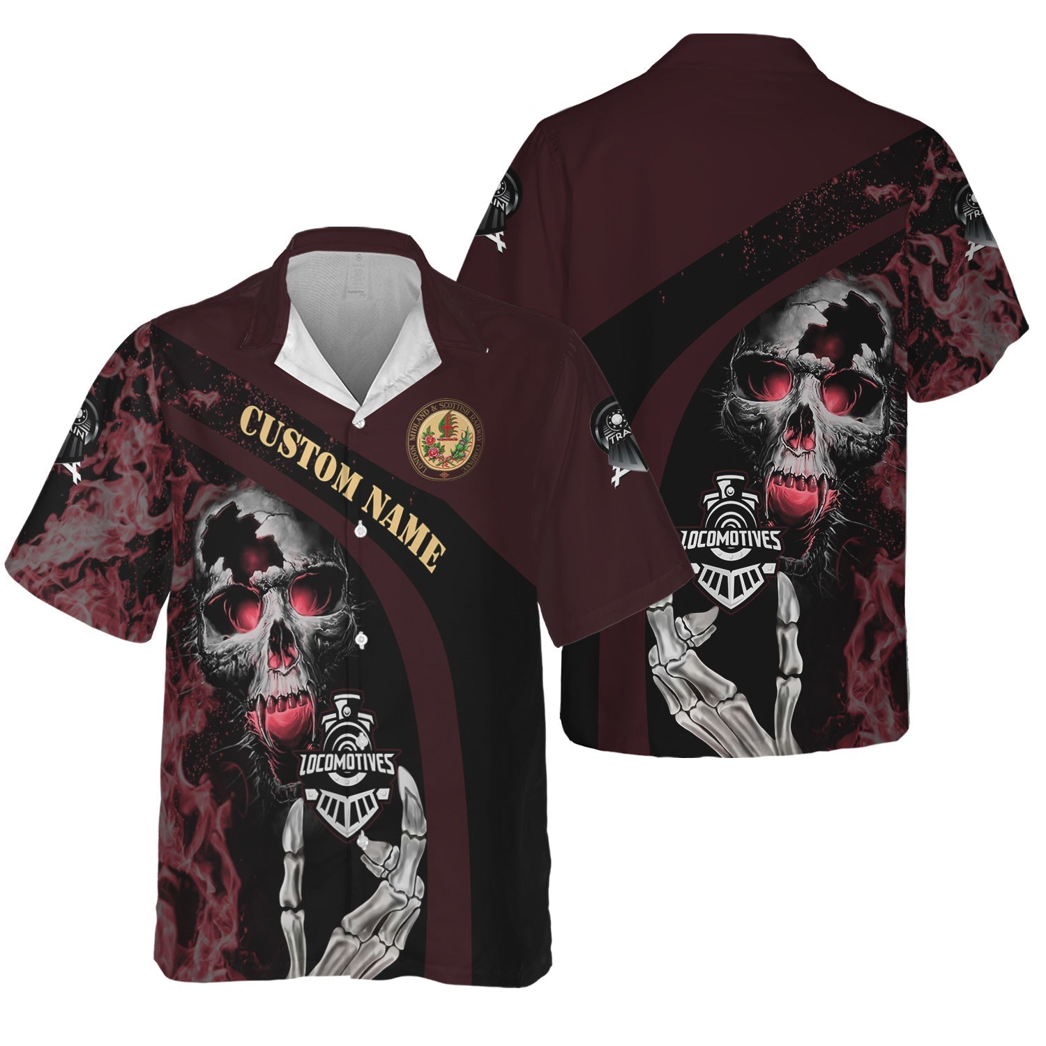 Railspirit Personalized London, Midland and Scottish Railway Hawaiian Shirt Flame Skull Design Train Shirt for Locomotive Fans