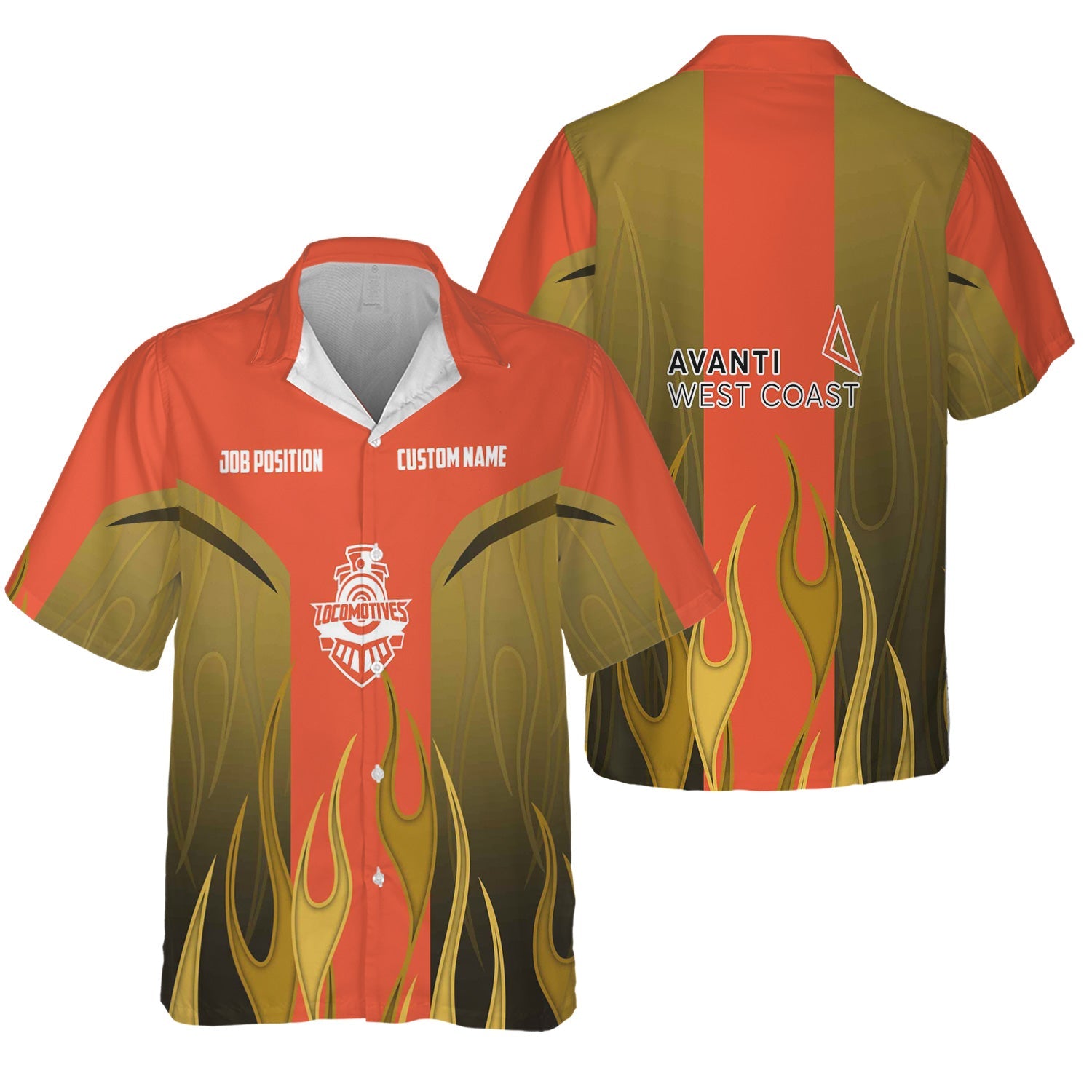 Railspirit Custom Name and Job Title Avanti West Coast Hawaiian Shirt Flame Graphic Train Shirt For Rail Workers