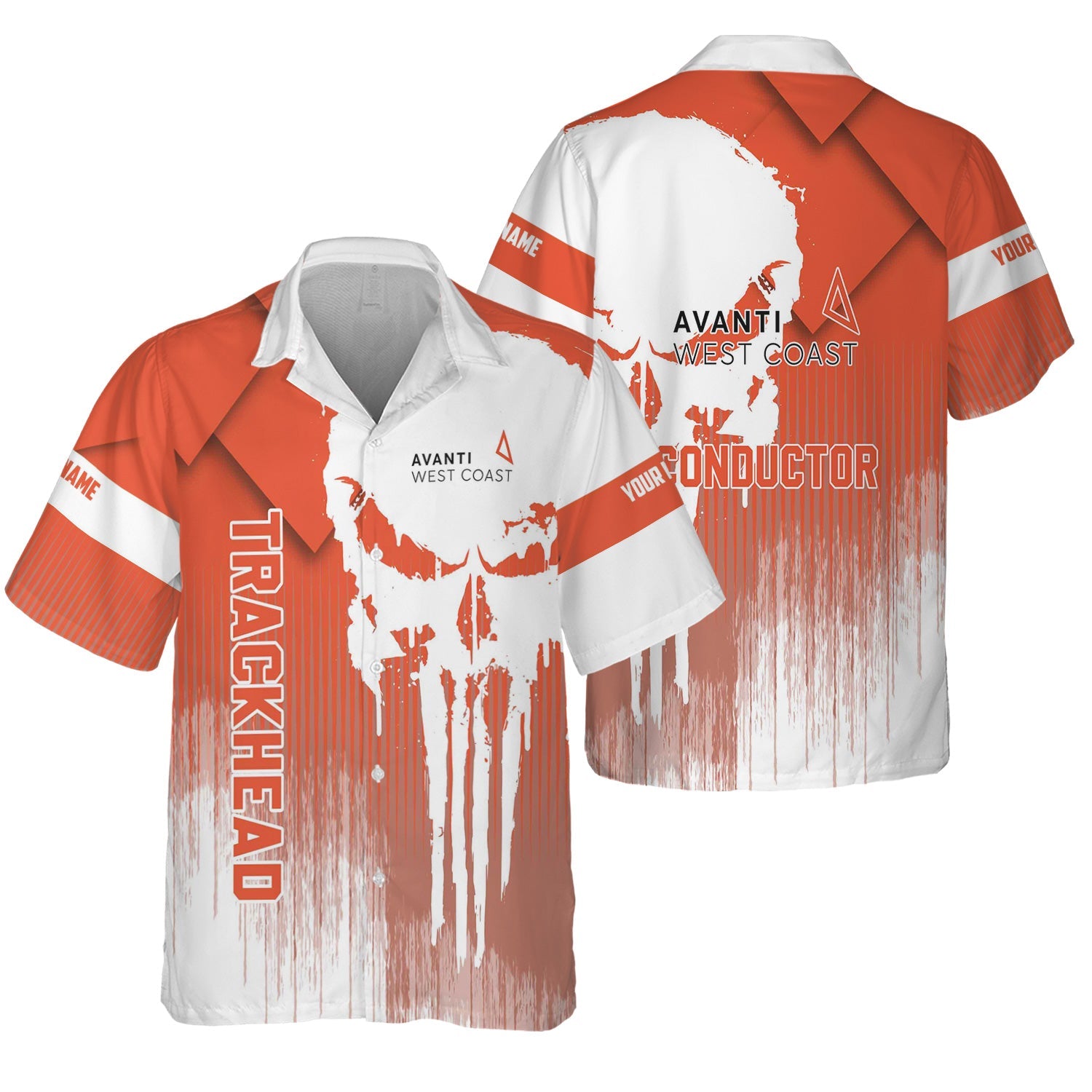 Railspirit Personalized Avanti West Coast Hawaiian Shirt Skull Design with Custom Job Train Shirt for Trackhead Crew