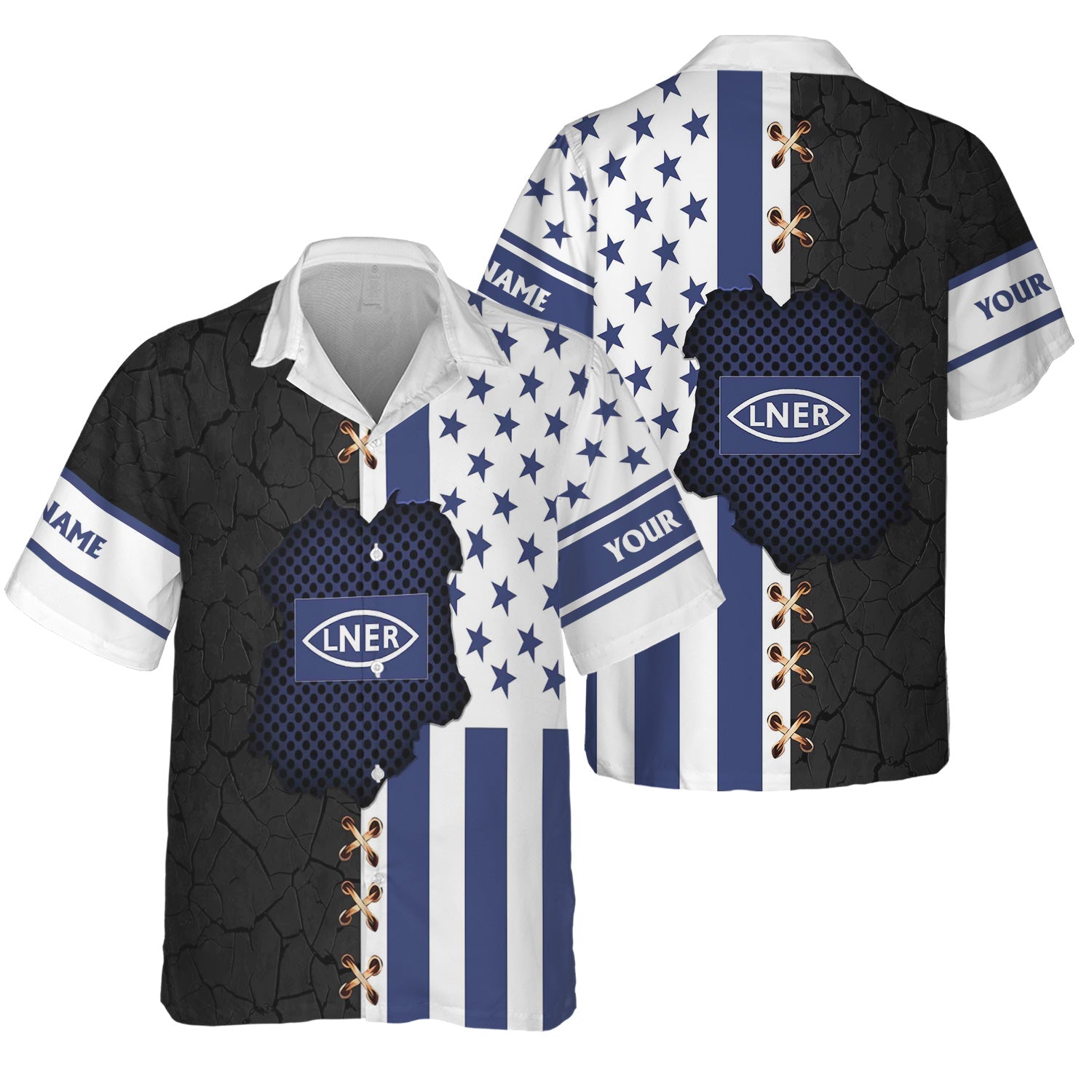 Railspirit Personalized London and North Eastern Railway Hawaiian Shirt American Flag with Crack Effect Train Shirt