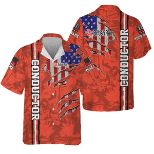 Railspirit Personalized British Railway Hawaiian Shirt USA Flag Claw Art with Custom Job Train Shirt
