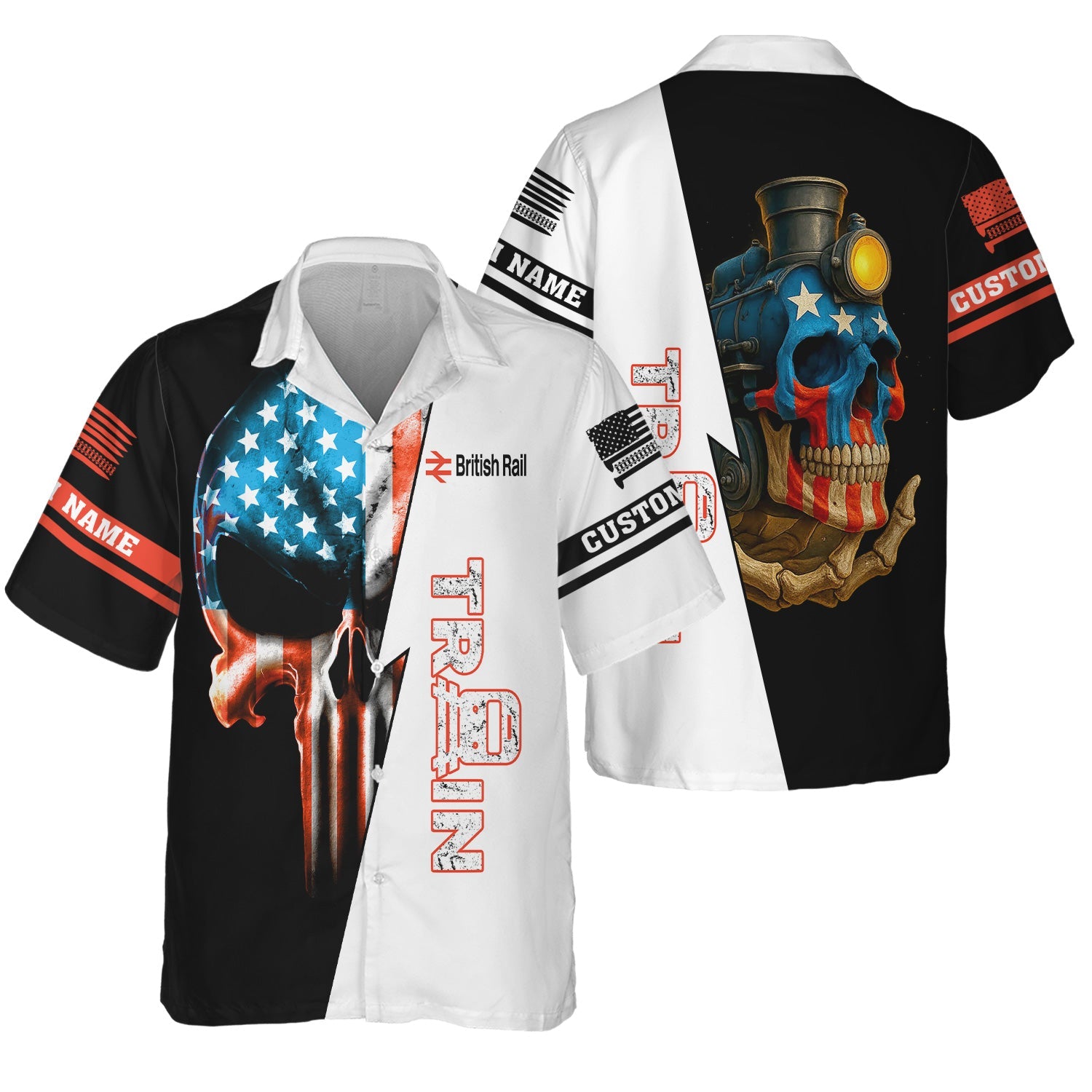 Railspirit Personalized British Railway Hawaiian Shirt Train Skull American Flag Shirt All Over Print