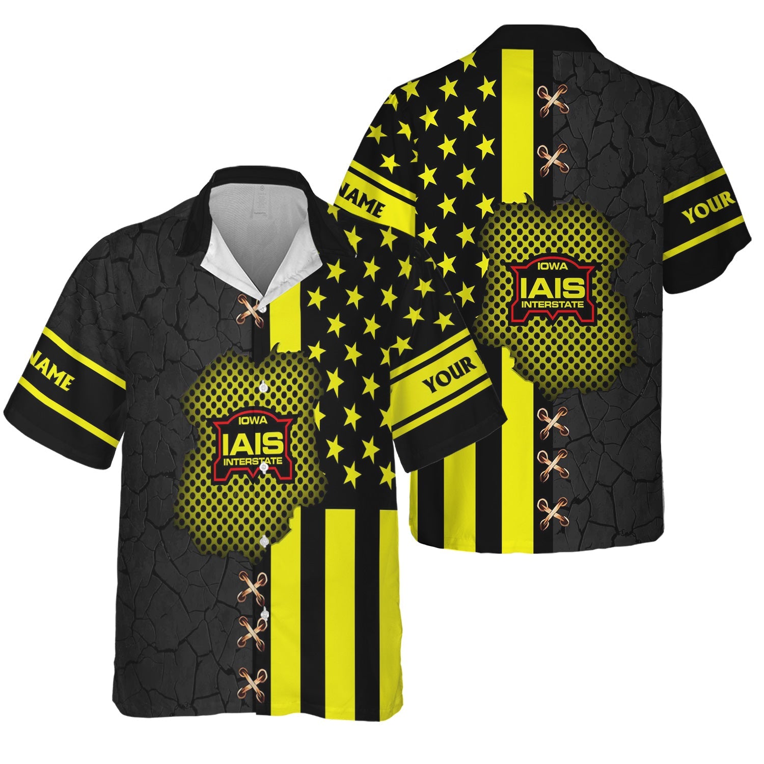 Railspirit Personalized Iowa Interstate Railroad Hawaiian Shirt American Flag with Crack Effect IAIS Train Shirt