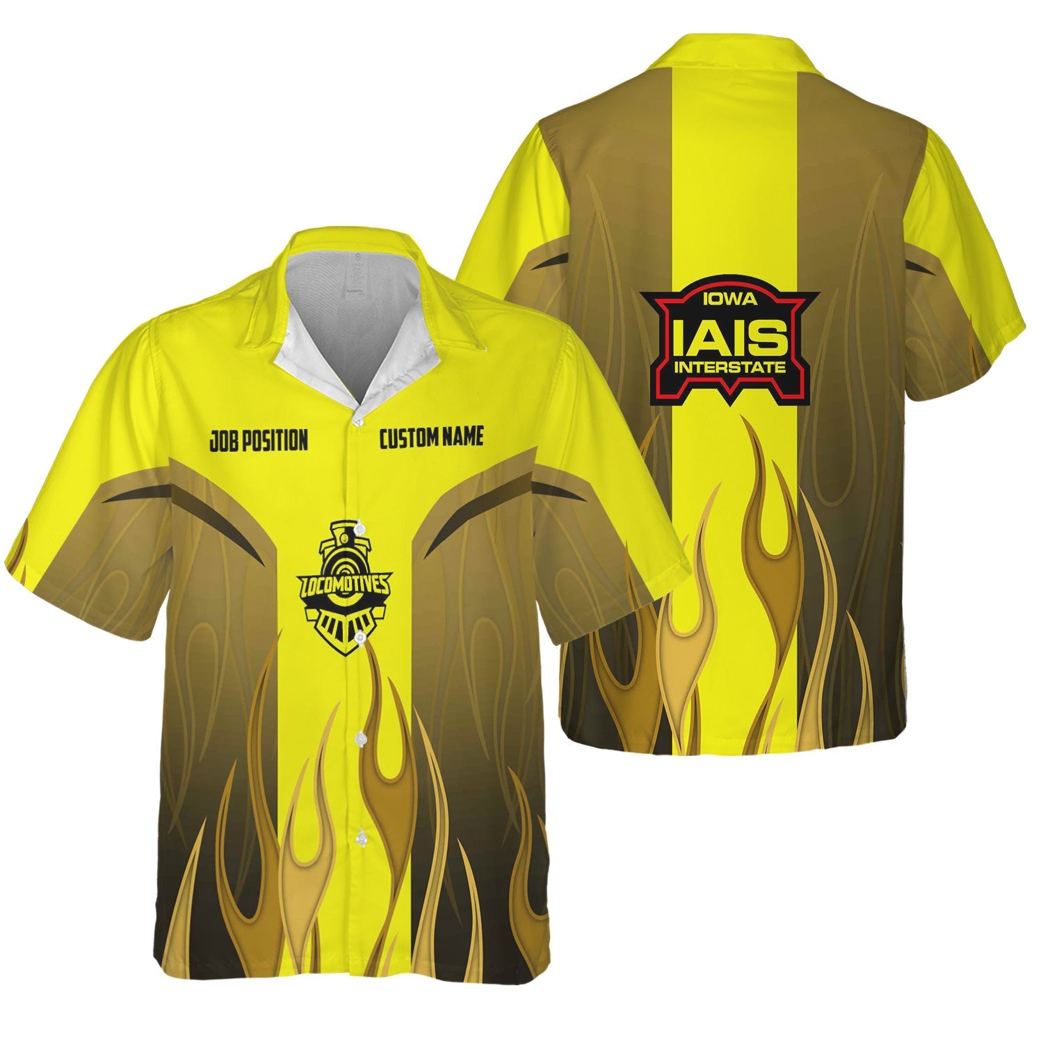 Railspirit Custom Name and Job Title Iowa Interstate Railroad Hawaiian Shirt Flame Graphic IAIS Train Shirt For Rail Workers