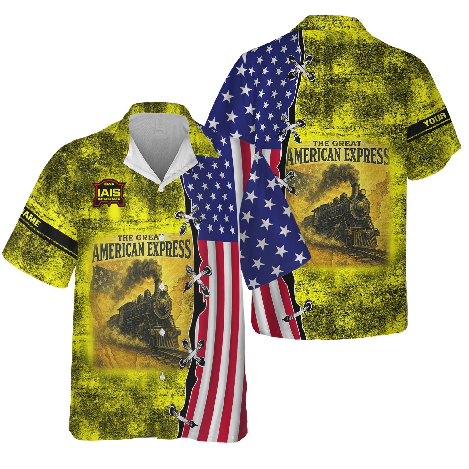 Railspirit Personalized Iowa Interstate Railroad Hawaiian Shirt Retro American Express Train With USA Flag IAIS Shirt