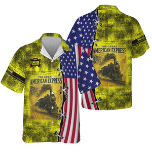 Railspirit Personalized Iowa Interstate Railroad Hawaiian Shirt Retro American Express Train With USA Flag IAIS Shirt