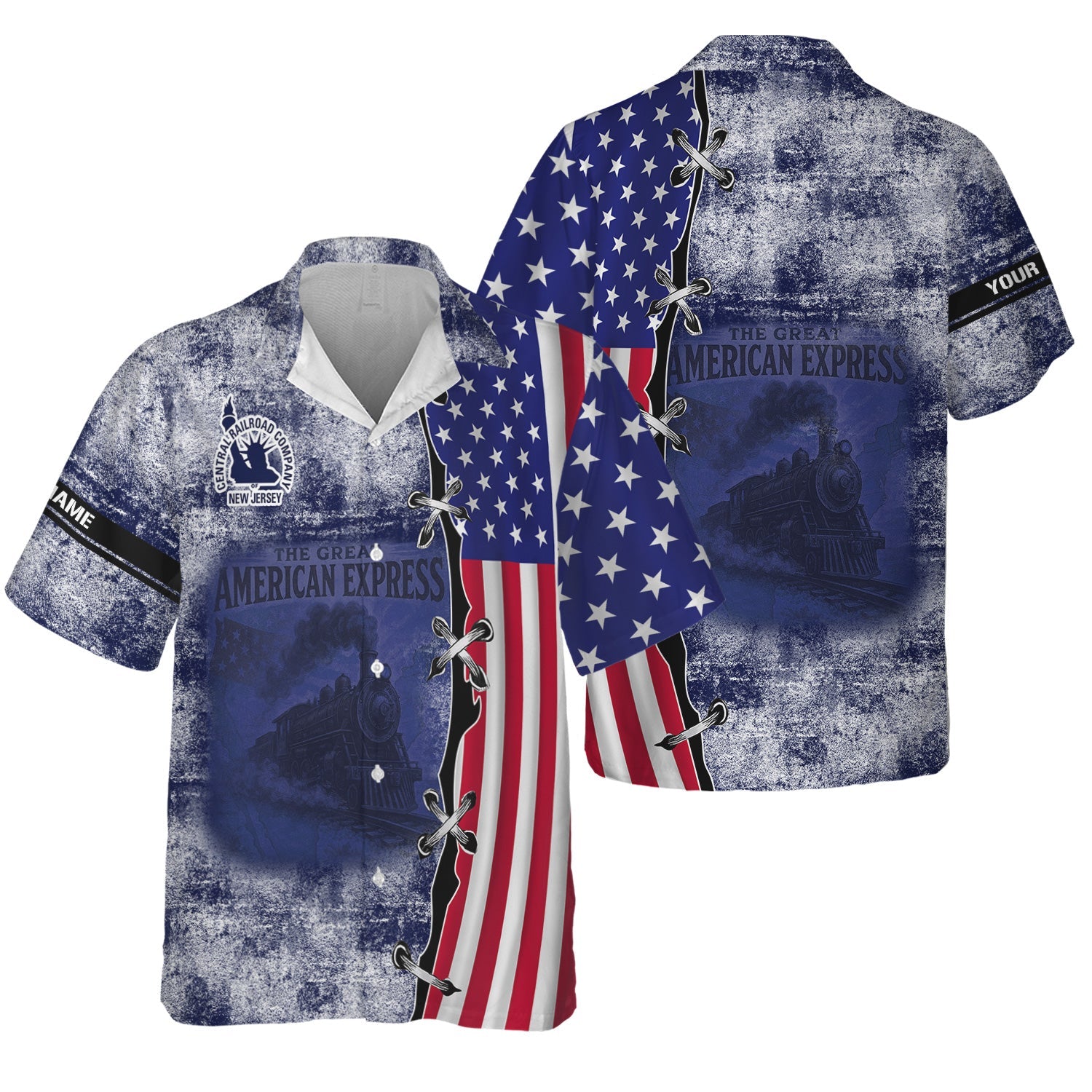 Railspirit Personalized Jersey Central Railroad Hawaiian Shirt Retro American Express Train With USA Flag CNJ Shirt