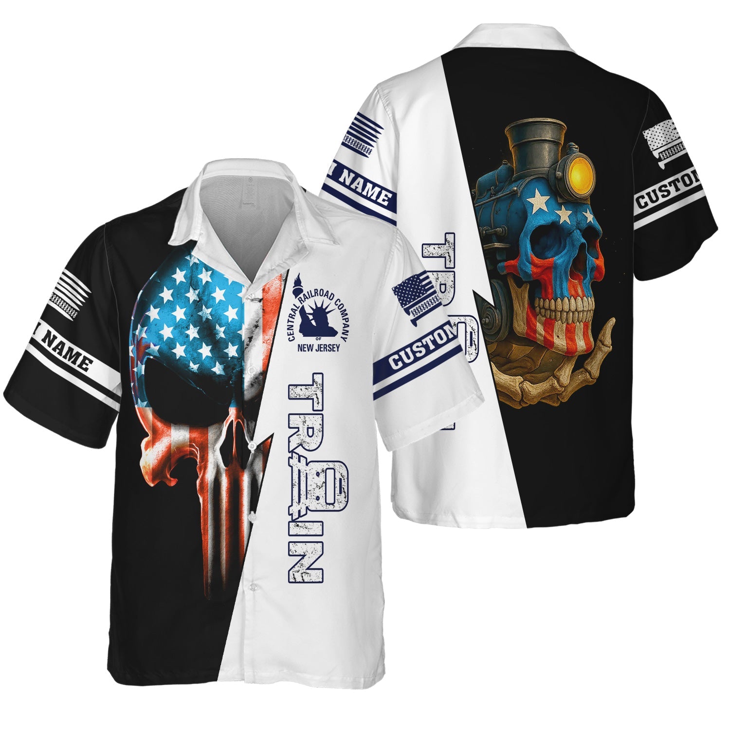 Railspirit Personalized CNJ Jersey Central Railroad Hawaiian Shirt Train Skull American Flag Shirt All Over Print