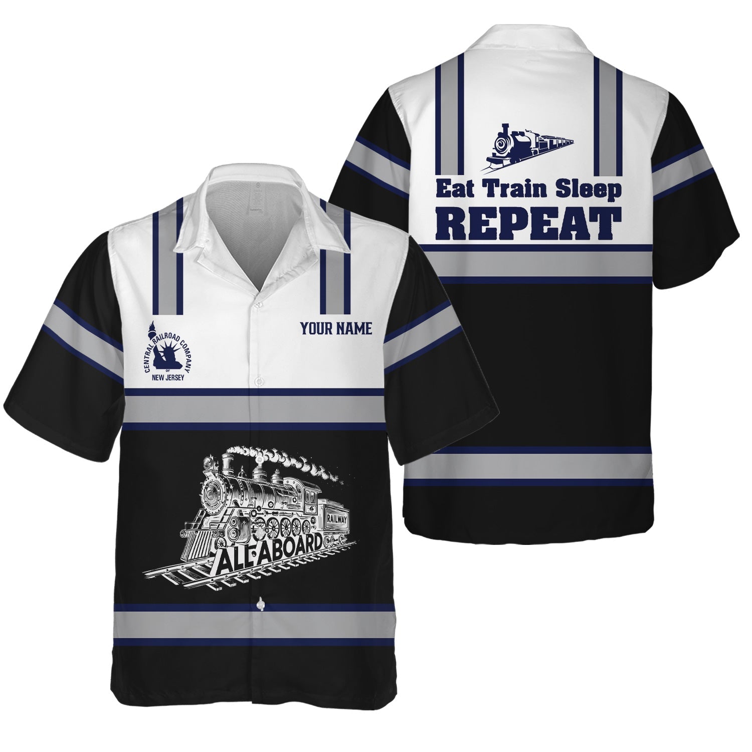Railspirit Custom Name CNJ Jersey Central Railroad Hawaiian Shirt Eat Train Sleep Repeat Printed Train Shirt