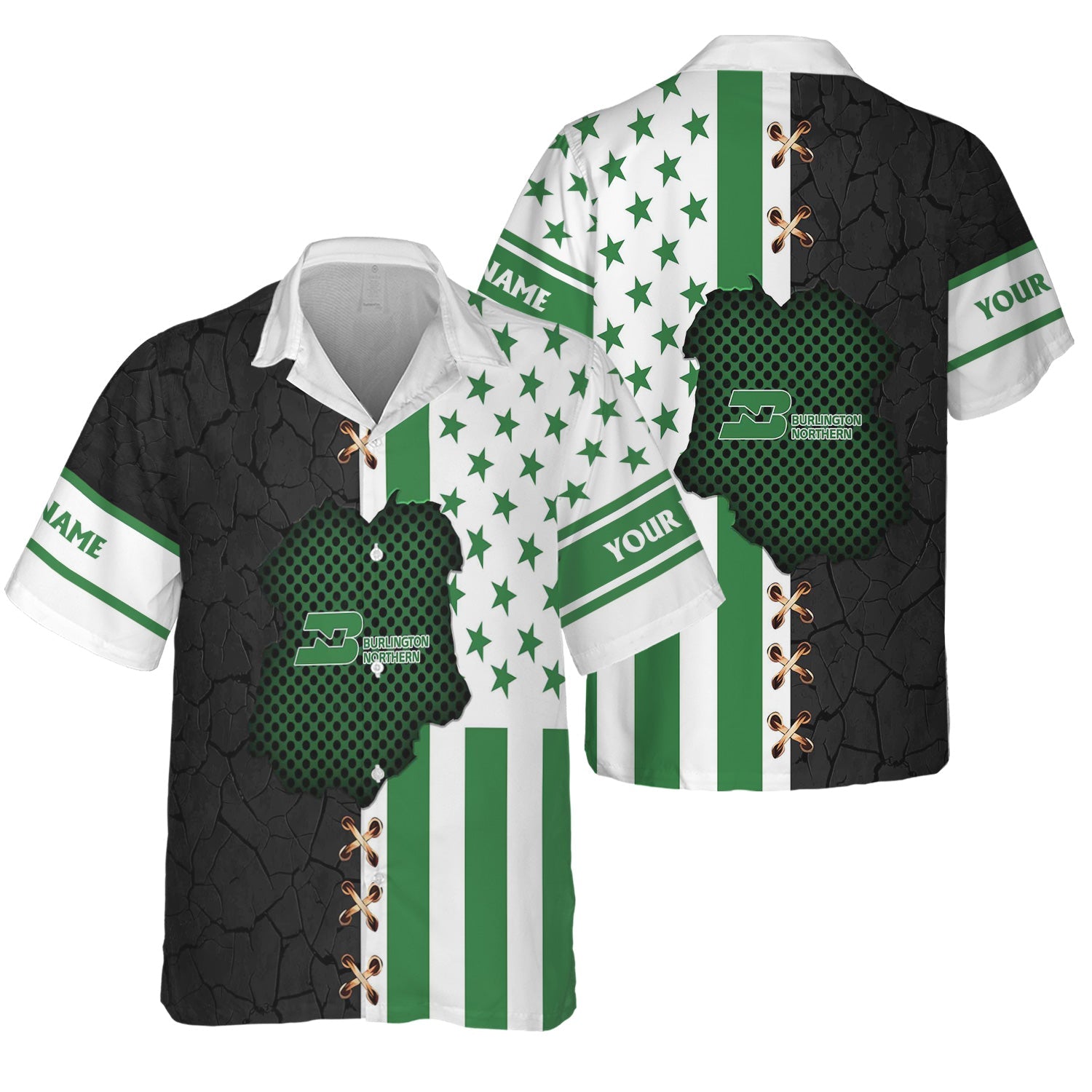 Railspirit Personalized Burlington Northern Railroad Hawaiian Shirt American Flag with Crack Effect Train Shirt