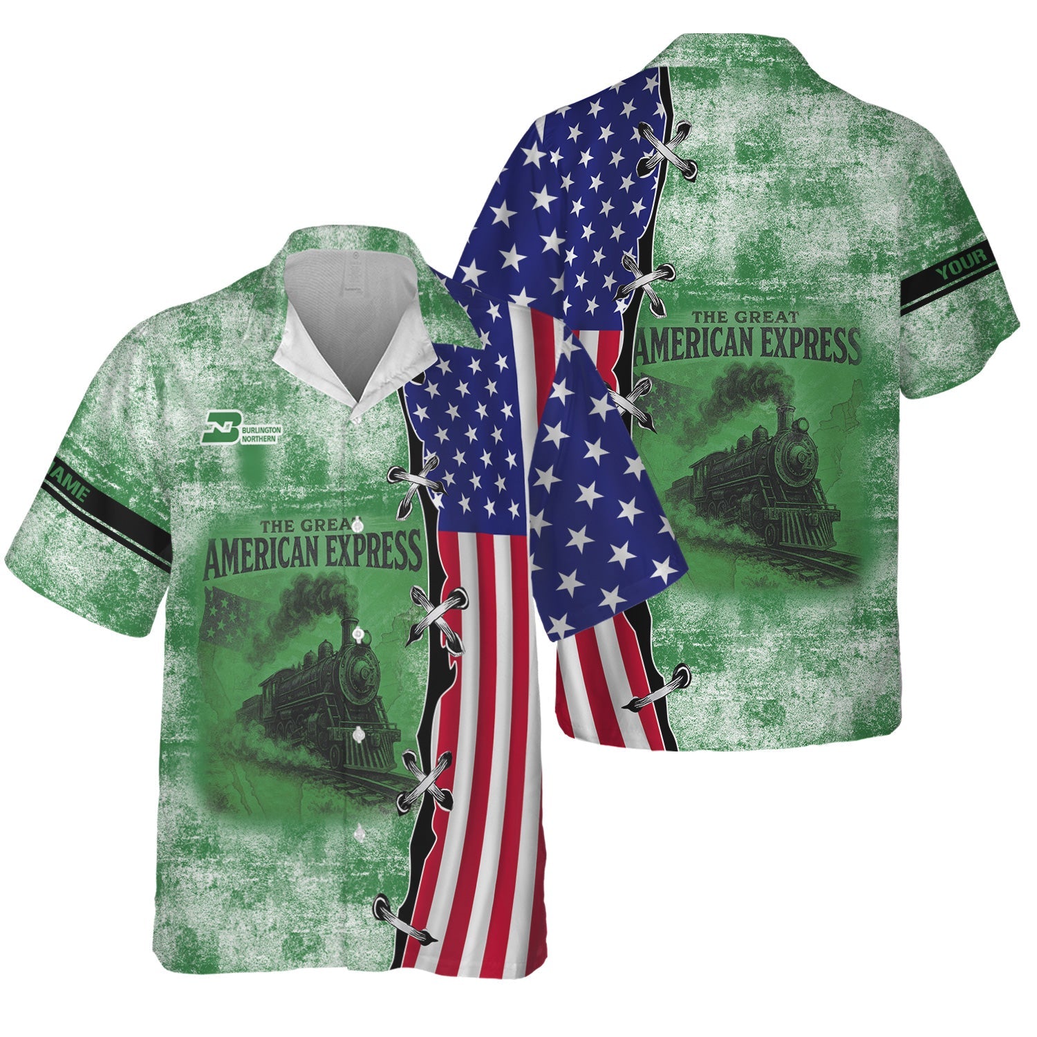 Railspirit Personalized Burlington Northern Railroad Hawaiian Shirt Retro American Express Train With USA Flag Shirt