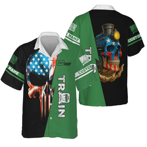 Railspirit Personalized Burlington Northern Railroad Hawaiian Shirt Train Skull American Flag Shirt All Over Print
