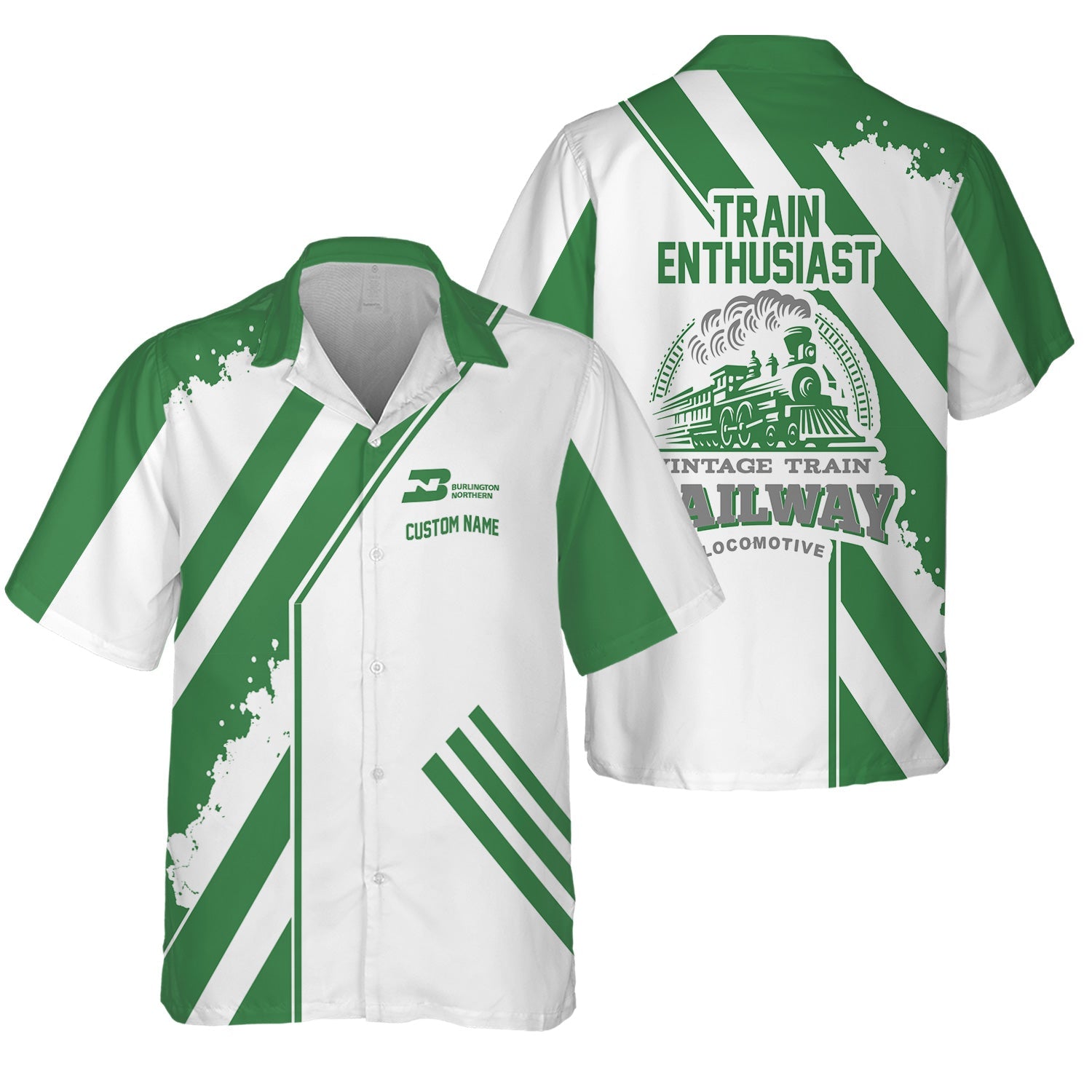 Railspirit Personalized Burlington Northern Railroad Hawaiian Shirt Locomotive Design Train Shirt for Train Enthusiast
