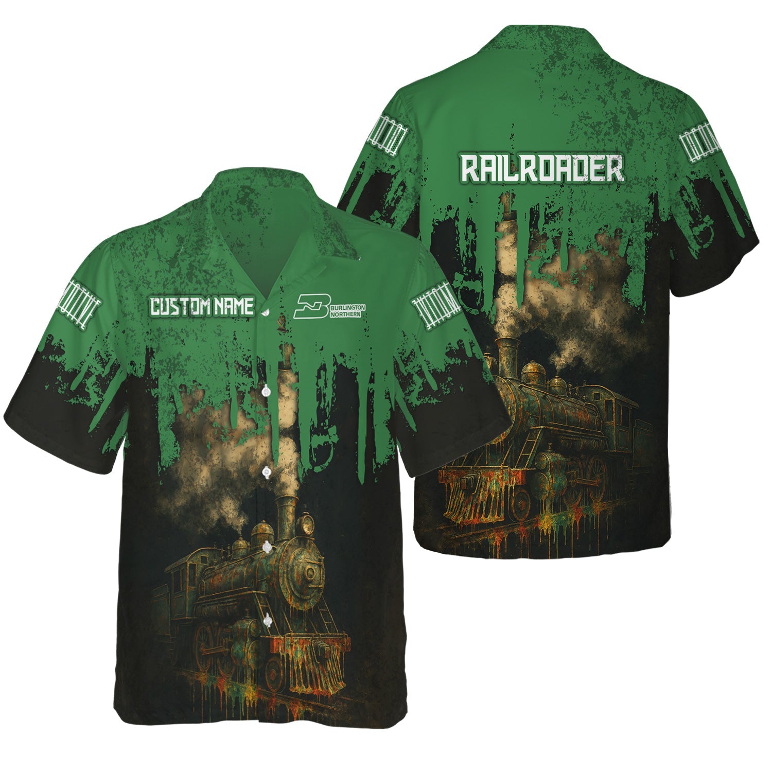 Railspirit Personalized Burlington Northern Railroad Hawaiian Shirt Vintage Train Art Style Shirt For Locomotive Fans