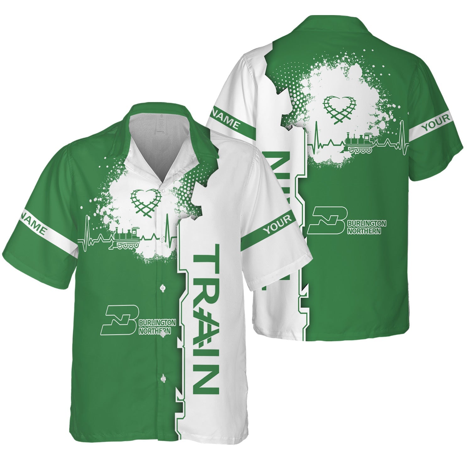 Railspirit Personalized Burlington Northern Railroad Hawaiian Shirt Engine Heartbeat and Track Love Style Shirt Gift Idea For Train Lovers