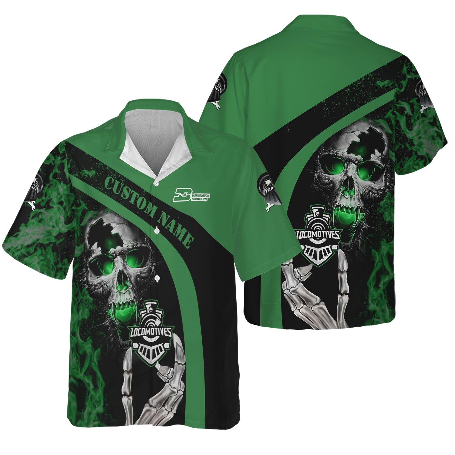 Railspirit Personalized Burlington Northern Railroad Hawaiian Shirt Flame Skull Design Train Shirt for Locomotive Fans