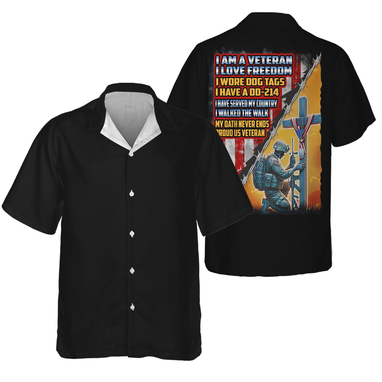 I Am a Veteran My Oath Never Ends T-Shirt, Proud US Veteran Tee with Dog Tags, Cross & American Flag, Honoring Military Service & Freedom